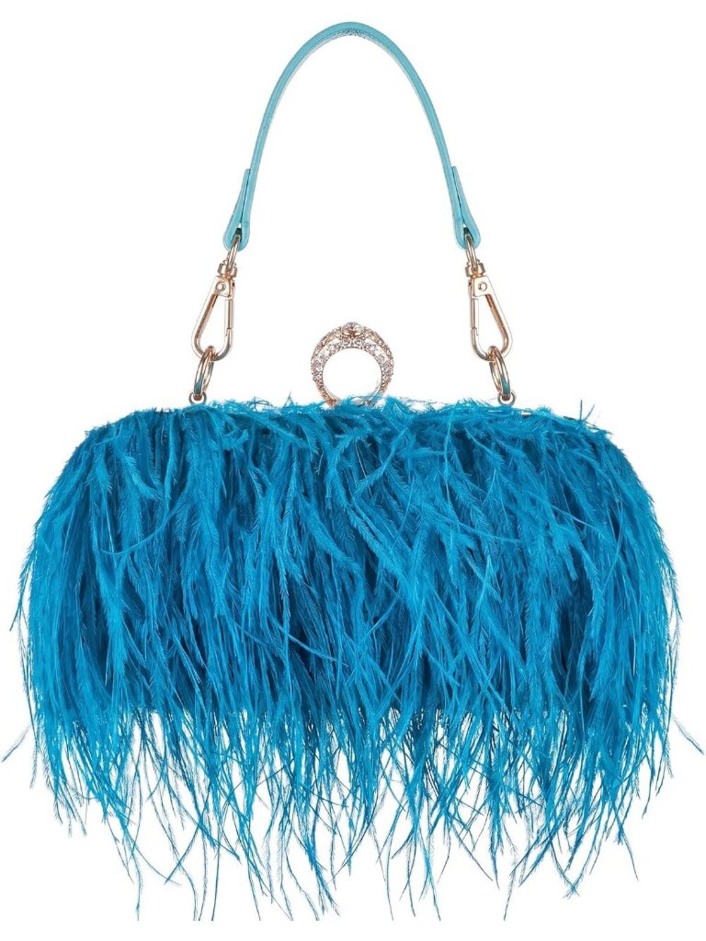 Women's Lake Blue Feather Purse Fluffy Ostrich Clasp Cocktail Evening Handbag